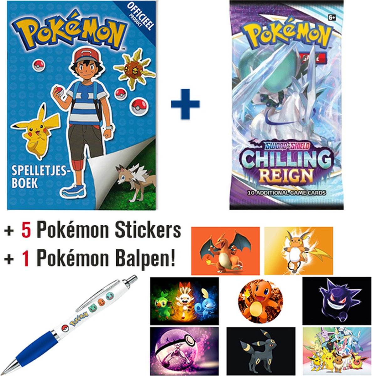 Pokémon Spelletjesboek + Pokémon Boosterpack Sword & Shield Chilling Reign (10 Pokemon Kaarten) + Pokémon Balpen + 5 Pokémon Stickers {Speelgoed voor kinderen jongens meisjes - Pokemon GO Sword & Shield Spelletjes Sticker Boek}